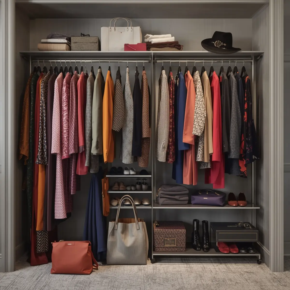 Curated wardrobe with stylish clothing and accessories